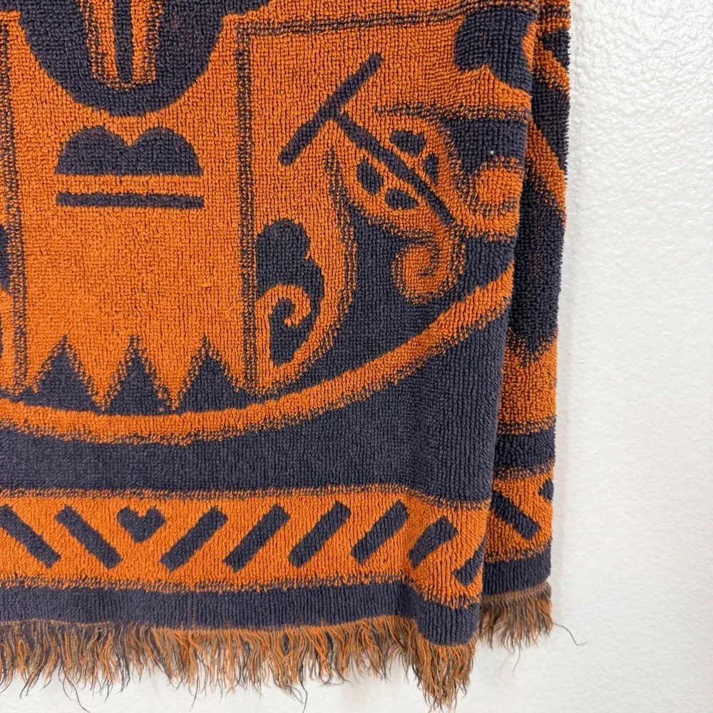 Vintage Sears Bath Towel Orange Navy Blue Geometric Fringe Cotton Blend
